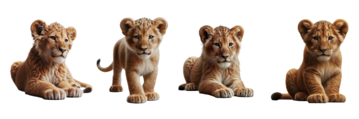 A group of four lion cubs is exploring their environment, each displaying unique poses. Their fur is soft and fluffy, with bright eyes reflecting curiosity and playfulness in a natural setting