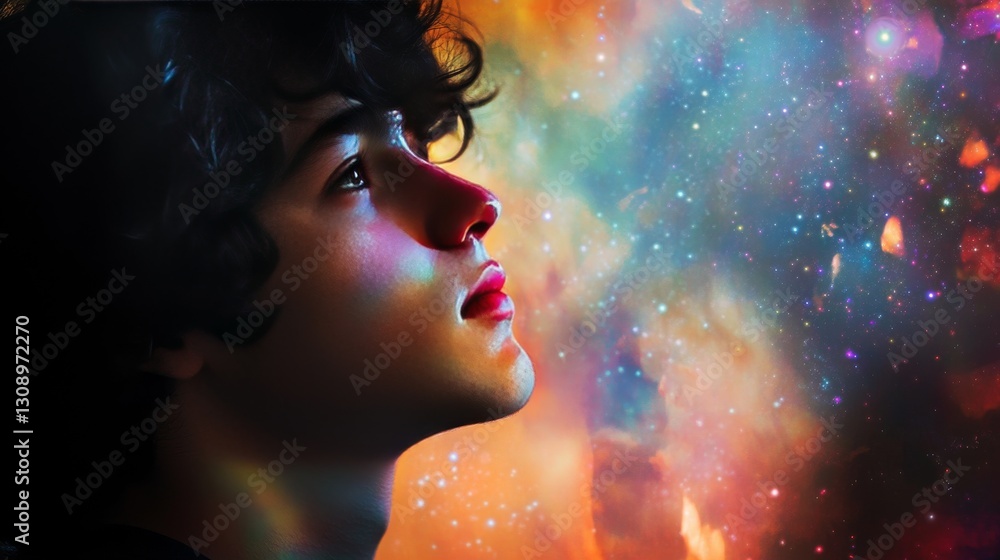 Poster mystical and dreamy portrait of a man gazing upwards, surrounded by swirling, colorful nebula light 