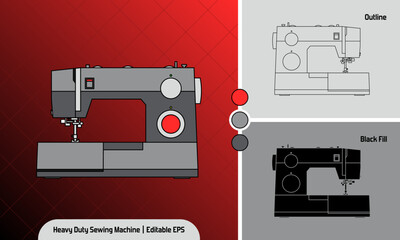 Heavy Duty Industrial Sewing Machine Full Metal in 3 variation vector illustration icon set, lineal color, outline, and black fill silhouette. Textile and Garment Factory design element for education.