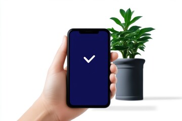 A person holding smartphone displaying checkmark symbol, with potted plant in background, symbolizes online banking and digital transactions