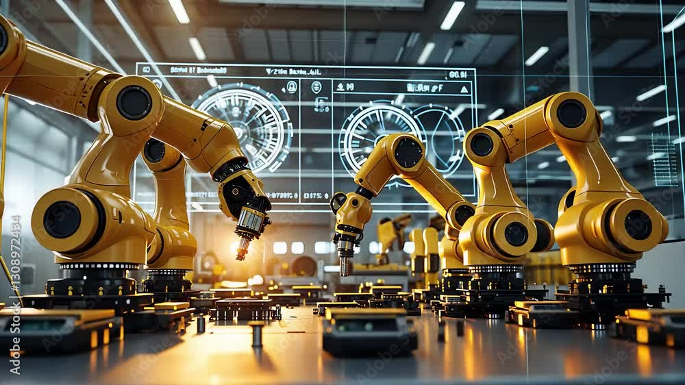 Poster futuristic automated factory with ai-powered robotic arms and high-tech industrial manufacturing sys