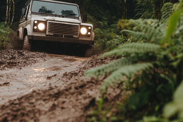 Adventure overlanding with suv in muddy forest terrain