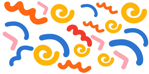 Doodle sketch style of colorful shapes and lines on white background for children or trendy design. 