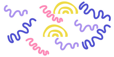 Doodle sketch style of colorful shapes and lines on white background for children or trendy design. 