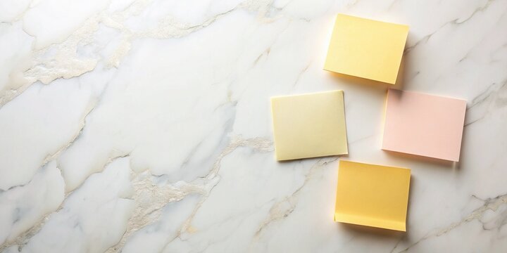 Golden Hour Sticky Notes Flat Lay: Feminine Marble Background with Copy Space
