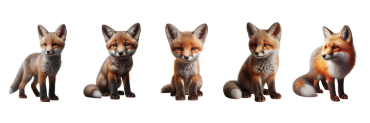 Multiple adorable foxes display a range of playful and curious poses. Each fox has distinct features, showcasing their unique expressions in a vibrant environment