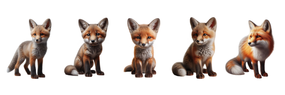 Multiple adorable foxes display a range of playful and curious poses. Each fox has distinct features, showcasing their unique expressions in a vibrant environment