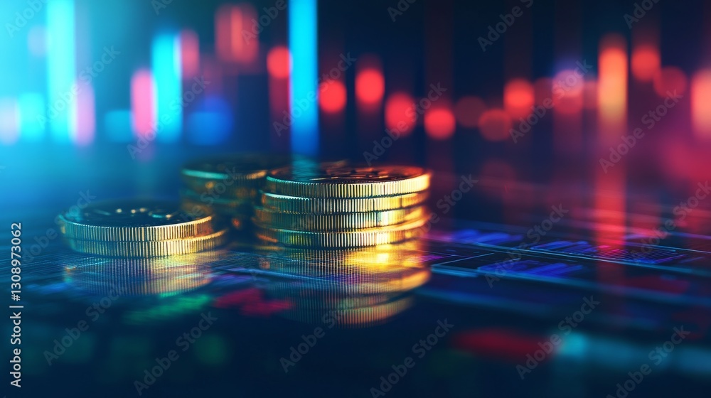Poster a stack of golden coins on a digital trading interface, with colorful financial graphs and data visu
