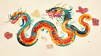 Obraz premium This artistic rendering features two dragons in a traditional style, with bold colors and intricate patterns, perfect for cultural, fantasy, or mythological themes.. AI Generation