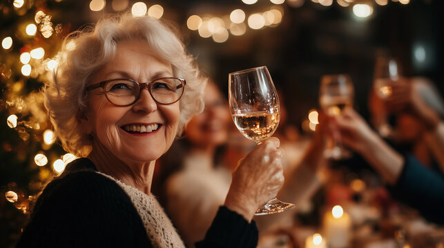 Happy senior woman toasting with white wine at festive retirement party, enjoying friendship, holiday cheer, and delightful company