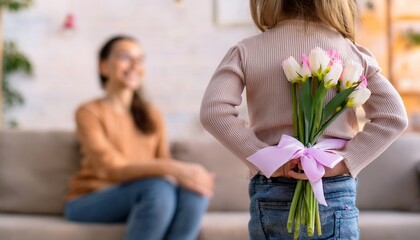 little girl standing in front of her mother and hiding bouquet of flowers (tulips) with big bow behind her back