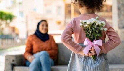 little girl standing in front of her mother with headscarf and hiding bouquet of flowers with pink bow behind her back