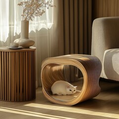 Modern cat bed, a stylish wooden cat house, nestled in a cozy living room, with natural light illuminating the space.