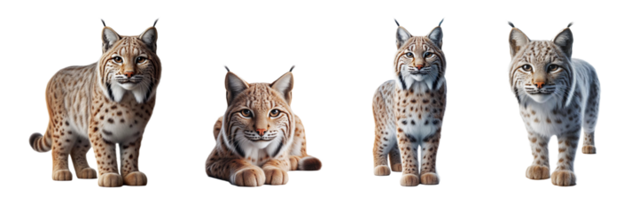 Four illustrated lynx animals are depicted in different postures. Each lynx displays unique fur patterns and expressions, highlighting their natural elegance and beauty