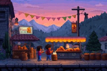 A pixel art scene of a Hispanic street festival, with tiny, animated characters dancing, food stalls selling tamales, and pixelated flags hanging across the street