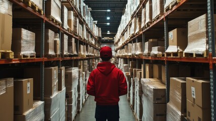 Fototapeta premium A worker in a red hoodie stands in the aisle of a vast warehouse, observing rows of shelves stacked with boxes. The industrial setting, with its organized layout and soft lighting, creates a sense of