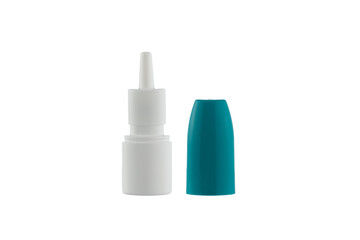 Medical Spray Bottle on a white background. 
Medicine white bottle. Nasal spray on a white background.
Spray for the nose.