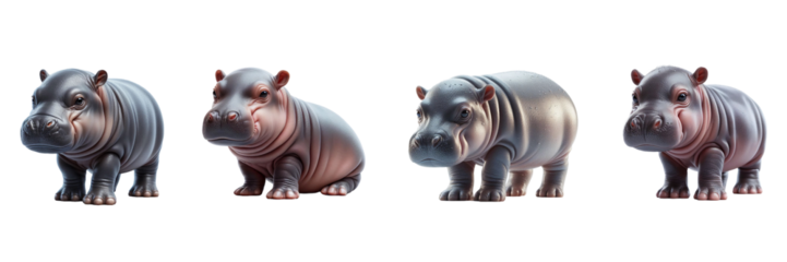 Four distinctly designed hippo figurines are arranged in a row, each displaying unique features and colors against a clean white background, ideal for collectors and enthusiasts
