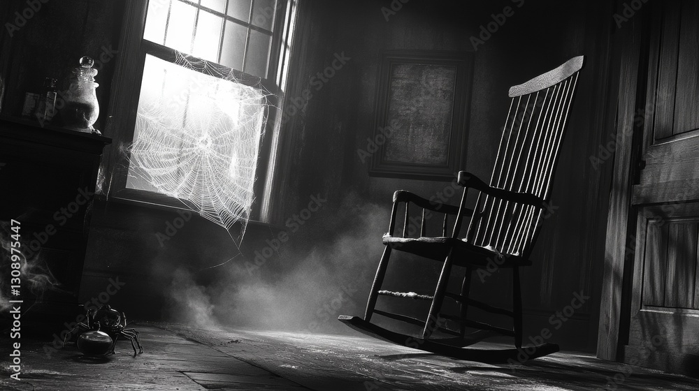 Poster a spooky dark room with a cobweb-covered rocking chair near a window. the faint light filtering thro