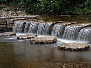 Stones cross creek in woods, long exposure
