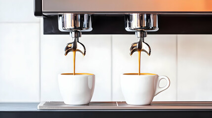 Espresso Machine Dispensing Fresh Coffee Into White Cups for Morning Drink