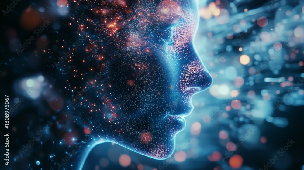 Poster a captivating digital profile of a human face illuminated with neon particle effects, evoking themes