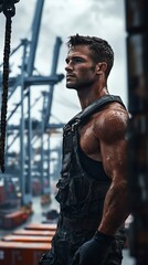 A muscular man in a sleeveless work outfit stands in a port, exuding power and determination amidst an industrial backdrop.