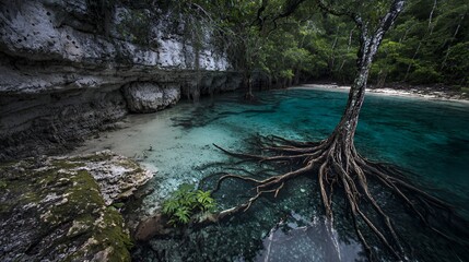 Mangrove Tree Roots in a Vibrant Teal Tropical Lagoon