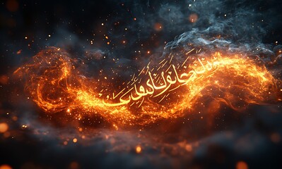 Glowing Arabic Calligraphy Amidst Flames and Smoke