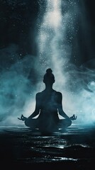 Obraz premium A serene silhouette of a person meditating amidst a mystical mist, evoking peace, mindfulness, and tranquility in a dark atmosphere.