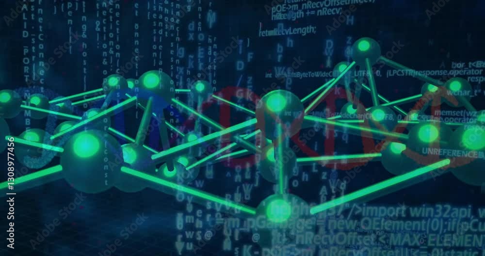 Poster animation of digital network with green nodes and binary code connections