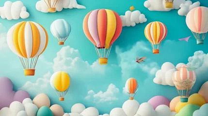 Colorful hot air balloons floating in a bright sky filled with fluffy clouds, creating a whimsical and cheerful atmosphere.