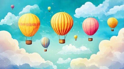 Fototapeta premium Colorful hot air balloons floating in a blue sky filled with fluffy clouds. A whimsical and cheerful illustration perfect for travel or adventure.