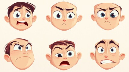 A set of six cartoon facial expressions showcasing various emotions, including surprise, anger, confusion, and happiness.