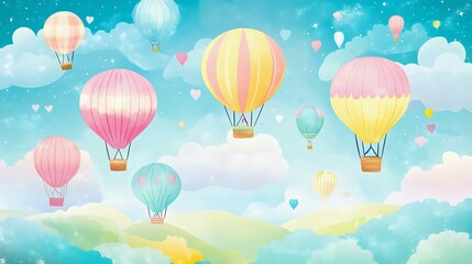 Fototapeta premium A colorful illustration of hot air balloons floating in a bright blue sky with soft clouds and hearts, perfect for a cheerful and whimsical design.