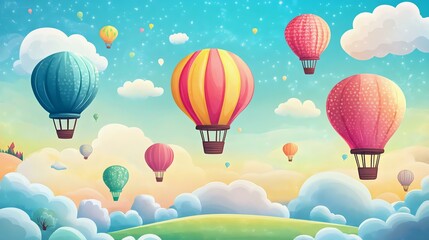 Colorful hot air balloons floating in a beautiful sky filled with fluffy clouds, evoking a sense of adventure and freedom in a magical landscape.