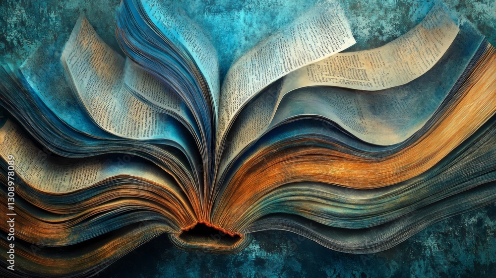 Poster a highly detailed and artistic representation of a book with flowing pages set against an abstract, 