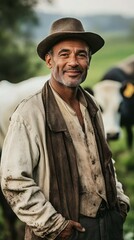 Obraz premium A smiling farmer stands confidently in a rural landscape, wearing a hat and a rustic outfit, surrounded by cows. Captivating rustic charm and warmth.
