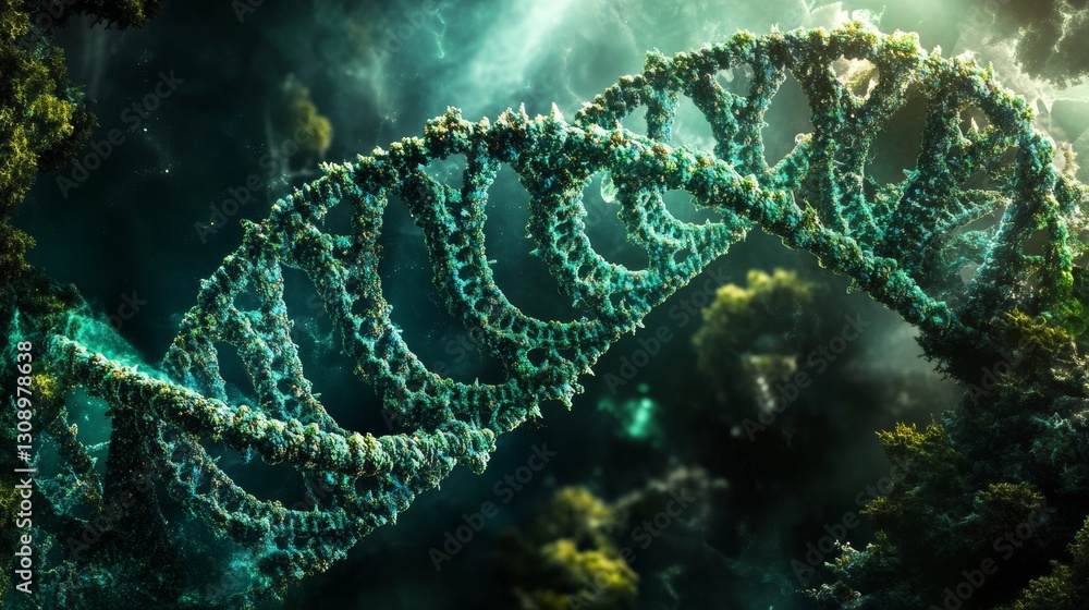 Poster a detailed, abstract rendering of a dna strand, illuminated in a mystical glowing environment. perfe