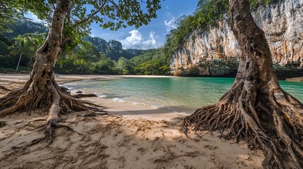 Serene Tropical Beach Cove with Mangrove Trees and Turquoise Water