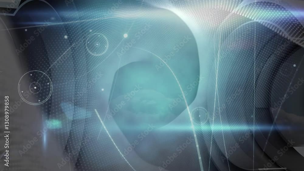 Poster glowing blue light creating abstract digital patterns with circular animation shapes