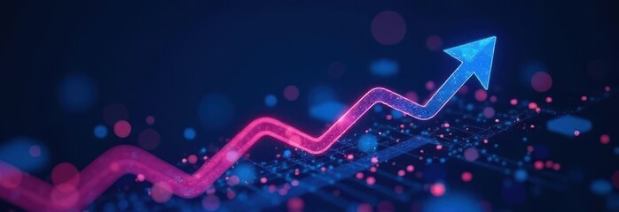 Glowing upward arrow representing growth and success on a technological background