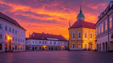 Naklejka premium Sunrise town square, colorful sky, historic buildings, calm morning, travel tourism