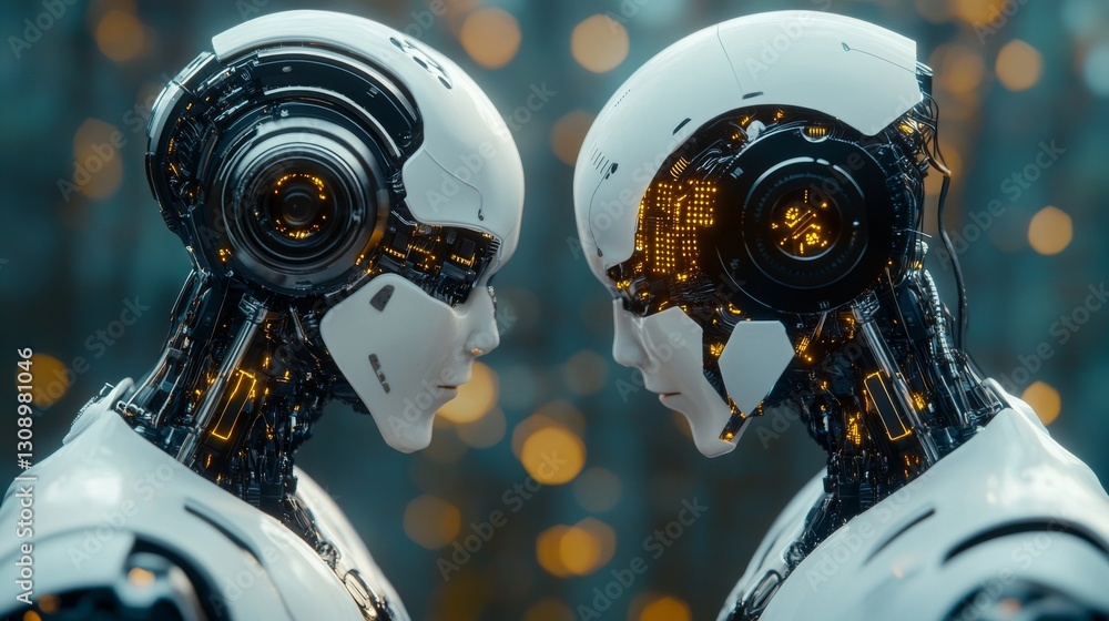 Poster two white androids stand face-to-face in a detailed close-up, their sleek designs highlighting the i