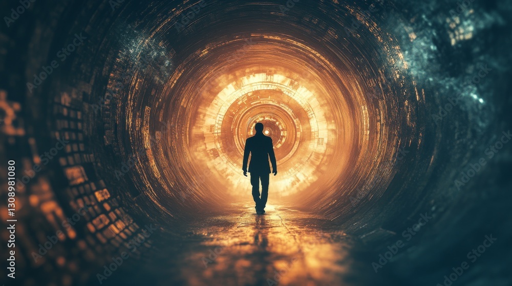 Poster a lone figure walks towards a circular tunnel radiating light and digital elements, suggesting a fut