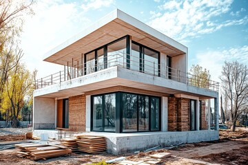 Modern two story house under construction blending contemporary design with exposed materials