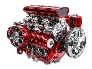 Isolated Glossy Red and Chrome Car Engine