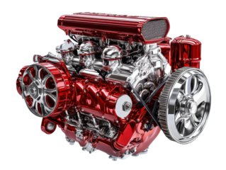 Isolated Glossy Red and Chrome Car Engine