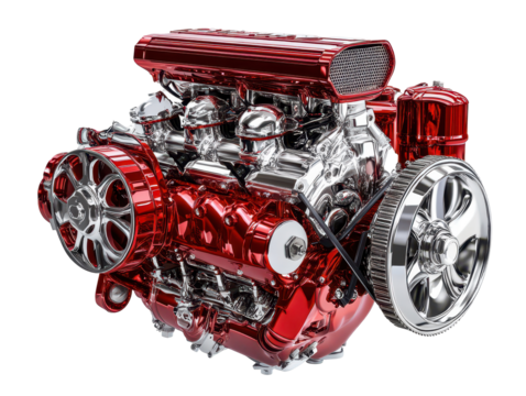 Isolated Glossy Red and Chrome Car Engine