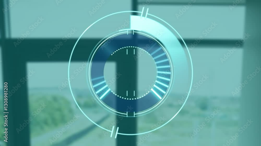 Poster digital interface animation over blurred window view with outdoor scenery